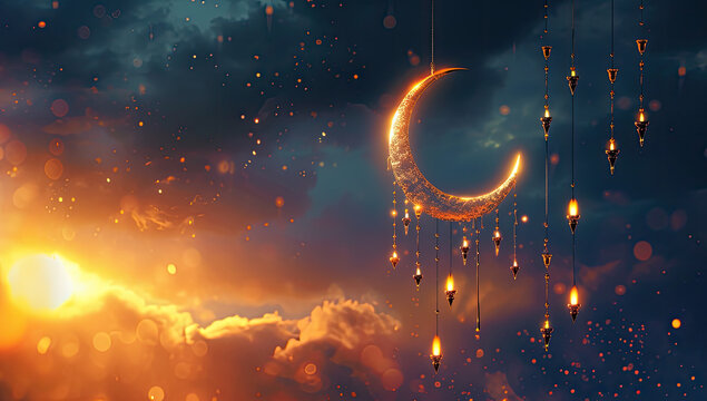 3D-rendered background with Ramadan lantern and crescent decorations