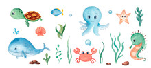 Watercolor Illustration With Cute Underwater Animals.Set With Turtle,shells,fishes,whale,crab And Seahorse