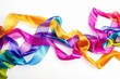 Capture the fluid movement of vibrant satin ribbons cascading in a mesmerizing display against a clean white canvas, embodying a sharp and modern aesthetic