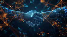 A Virtual Handshake Between Digital Avatars, Illustrating Partnerships And Strategic Alliances, Business Strategy, Dynamic And Dramatic Compositions, With Copy Space