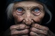 Close-up portrait of elderly woman expressing grief and emotion by covering her face with hands. Beautiful blue eyes on a wrinkled face