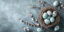 Happy Easter Celebration Background With Easter Eggs And Spring Tree Branches With Copy Space.