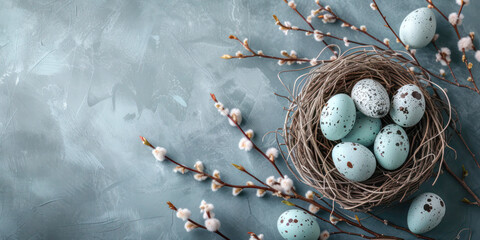 Happy Easter celebration background with Easter eggs and spring tree branches with copy space.