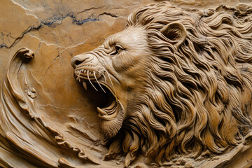 Wall Mural - Design a relief sculpture depicting a roaring lion, with intricate details of fur and muscles