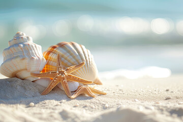 Wall Mural - Banner summer background with white sand. Seashell and starfish on the beach