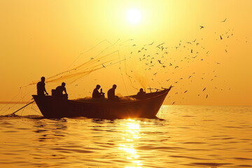 Wall Mural - group of fishermen are on a small boat, using a long line with multiple hooks to catch fish