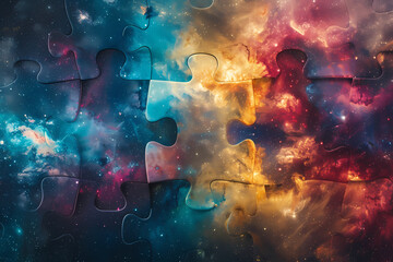 Puzzle piece galaxy, cosmic puzzle elements, representing neurodiversity, vibrant and cosmic hues.