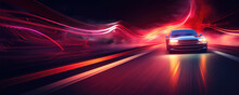 Fast beautiful car in movement with amazing neon lights background