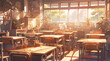 Scene of a classroom in golden hour, sunny day, illustration, no people