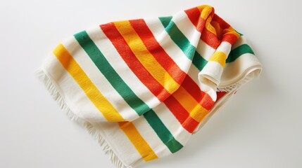 On a white background, there is a beach towel with red, white, yellow, green, and orange stripes