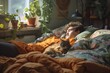 © Irina Kozel - A young man and an orange tabby cat sleep together in bed, close-up, orange bed linen, plants on the windowsill. Concepts: lazy morning, comfort, cozy home, love, care, warmth, calm