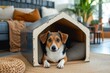 A content brown and white puppy, belonging to a certain dog breed, sits comfortably on a soft pillow inside an indoor dog house, gazing longingly at the outdoor furniture