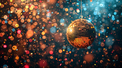 Sticker - Disco ball on a bokeh background. Christmas and New Year background. 