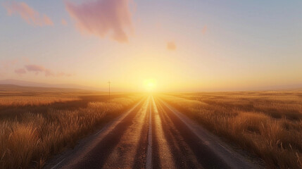 open road expanding into the horizon, surrounded by golden wheat fields under a radiant sunset sky