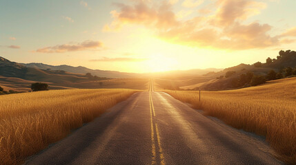 open road expanding into the horizon, surrounded by golden wheat fields under a radiant sunset sky
