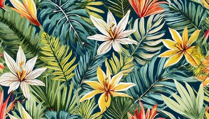 Wall Mural - hand drawn stylish summer tropical plants and leaves seamless pattern vector illustrations