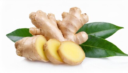 Wall Mural - ginger with leaves isolated on white background