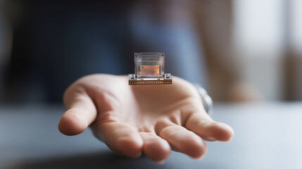 Poster - Leading AI tech with man's microchip grasp
