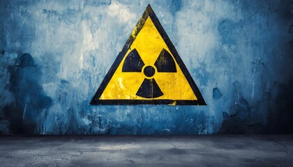 triangular yellow and black radioactive ionizing radiation danger symbol with word radioactive below painted on a massive concrete wall with dark rustic grunge blueish texture background