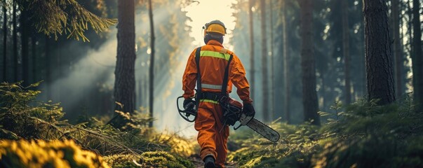 Wall Mural - Shot of lumberjack who goes through amazing forest holding chainsaw wearing orange suit and safety helmet.