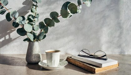 Wall Mural - minimal breakfast still life cup of coffee tea empty white wall in sunlight table textured vase with silver eucalyptus leaves branches on old books elegant scandinavian working space office