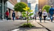 Small tree sprouting out the asphalt sidewalk with busy people in the background