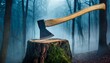 the axe stuck in the stump in a spooky night forest