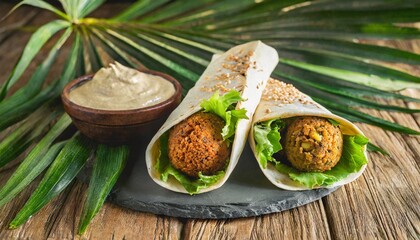 Wall Mural - food photography falafel wrap with a burst of tahini on a tropical palm leaf background