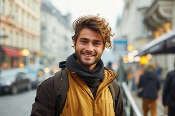 A stylish man exudes warmth and confidence as he stands in the city streets, his winter coat and scarf adding to his fashionable look, while a car and buildings serve as the backdrop under a clear sk