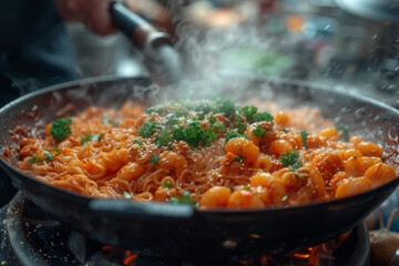 A snapshot of a street food vendor skillfully preparing a dish, highlighting the authenticity of local culinary traditions. Concept of genuine street food culture. Generative Ai.