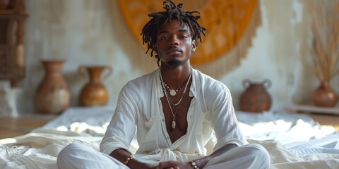 Wall Mural - Confident young African American man with stylish dreadlocks wearing white clothes sits on the bed.