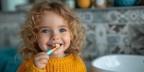 Wall Mural - Cute baby brushing teeth in the bathroom, promoting healthy oral hygiene from an early age.