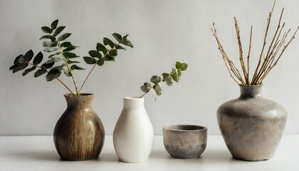 Wall Mural - minimalistic natural composition small vases on a white background