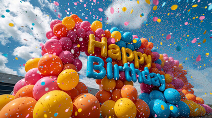 Canvas Print - Delightful Jubilation: A Vibrantly Decorated Happy Birthday Sign Amidst a Whirl of Balloons and Confetti