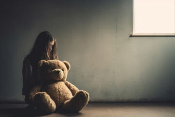 girl behind body with teddy bear sitting and facing an empty white wall in classroom.