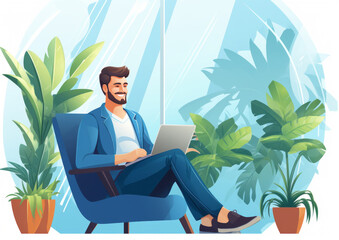 Happy freelancer with computer at home. Illustration.