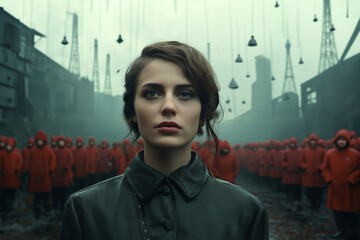 Wall Mural - portrait of a beautiful woman in a fashionable black coat and with makeup on the background of a crowd in red clothes, an abstract industrial dark background, in the style of surrealism