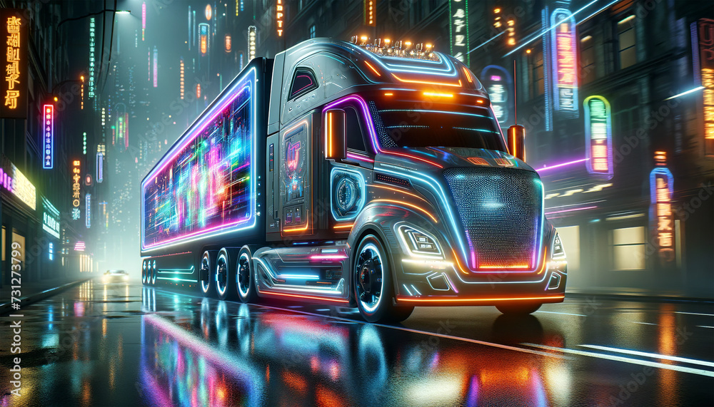 Futuristic truck glowing with neon lights at night on a wet city street ...