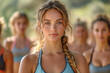 © Sebastian - An athletic woman leading a group fitness class outdoors, promoting health and wellness in a positive and inclusive environment. Concept of women as fitness leaders. Generative Ai.