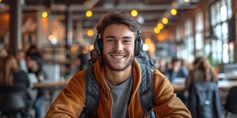 Wall Mural - Handsome, stylish man enjoys entertainment with headphones in a modern urban campus setting.