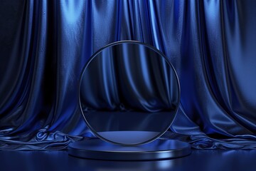 Circle stage podium with mirror stand on dark blue fabric background