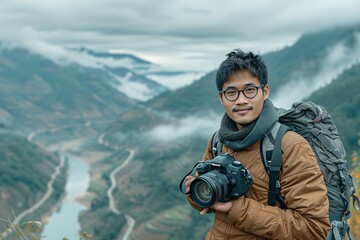 Travel photogrrapher on a top of a mountain and  enjoying the view