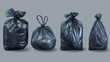 A realistic set of plastic bags for garbage. It includes packages for trash and rubbish with handles, full trash bags, and rolls of disposable packets