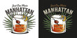 Manhattan cocktail, old fashioned with whiskey, vermouth and cherry for design of bar menu. Alcohol cocktail for drink party or tee print
