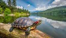 Issaquah Washington Usa Western Painted Turtle Sunning On A Log In Lake Sammamish State Park