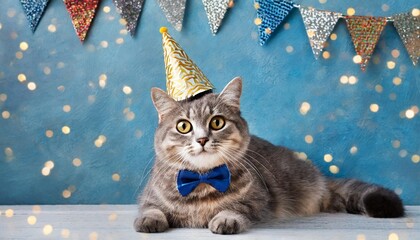 Wall Mural - celebration happy birthday sylvester new year s eve party funny animal greeting card cute little cat pet with party hat and bow tie on blue wall background texture