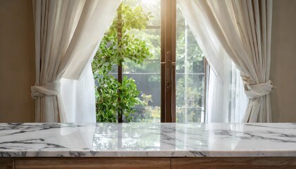 Wall Mural - empty marble desk in front of window light and white curtains home interior with table countertop product placement display in luxury house