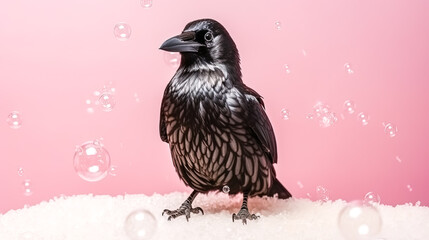 Wall Mural - A crow perches on a table, surrounded by soap bubbles