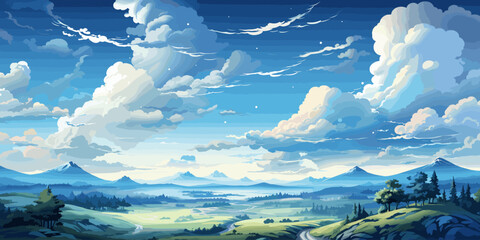 Wall Mural - Vector blue sky clouds. Anime clean style. Background design