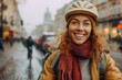 A stylish woman braves the chilly city streets, her smile peeking out from under a helmet and scarf, adding a touch of street fashion to her winter ensemble